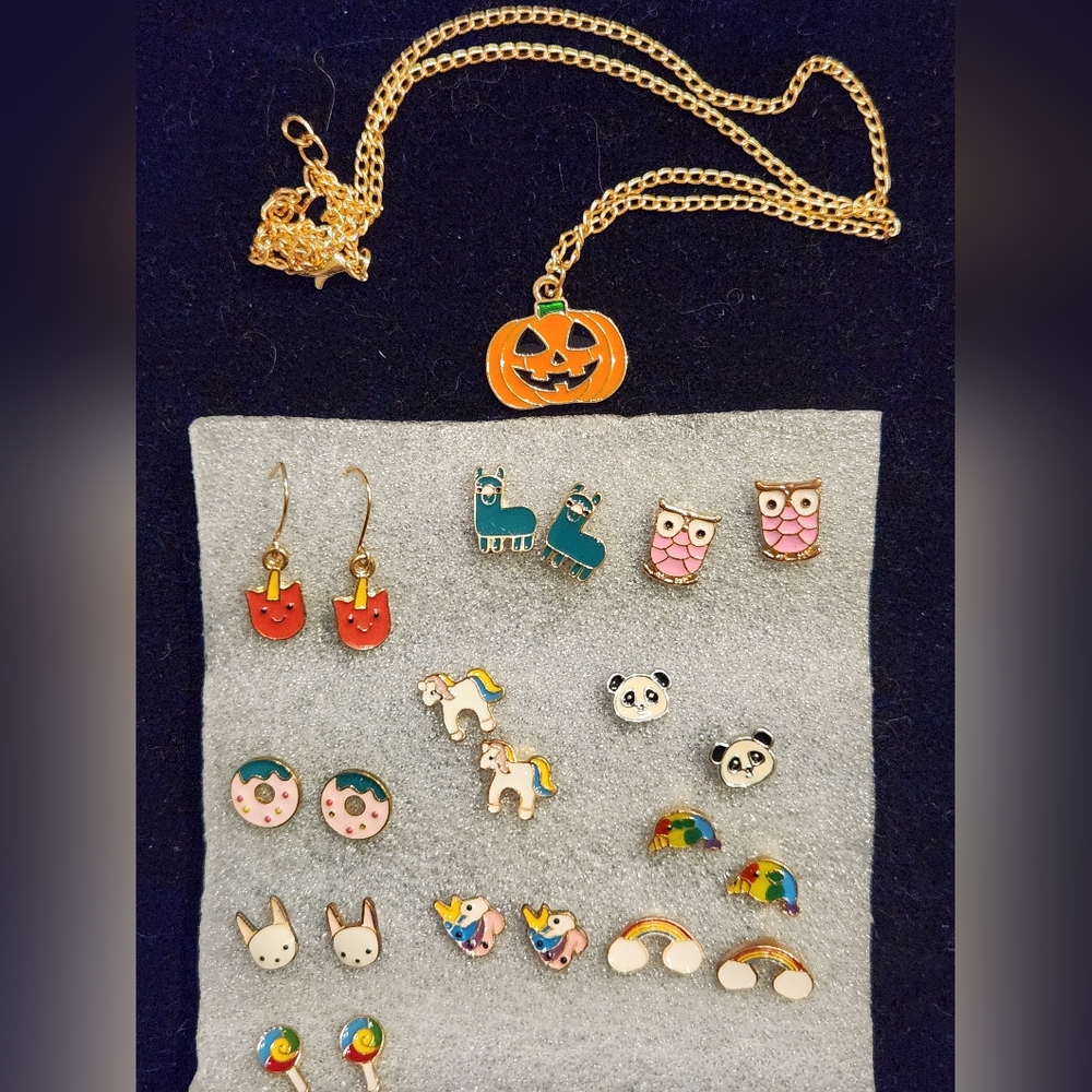 Enamel Earrings Lot 11 Pairs Variety Bonus Necklace